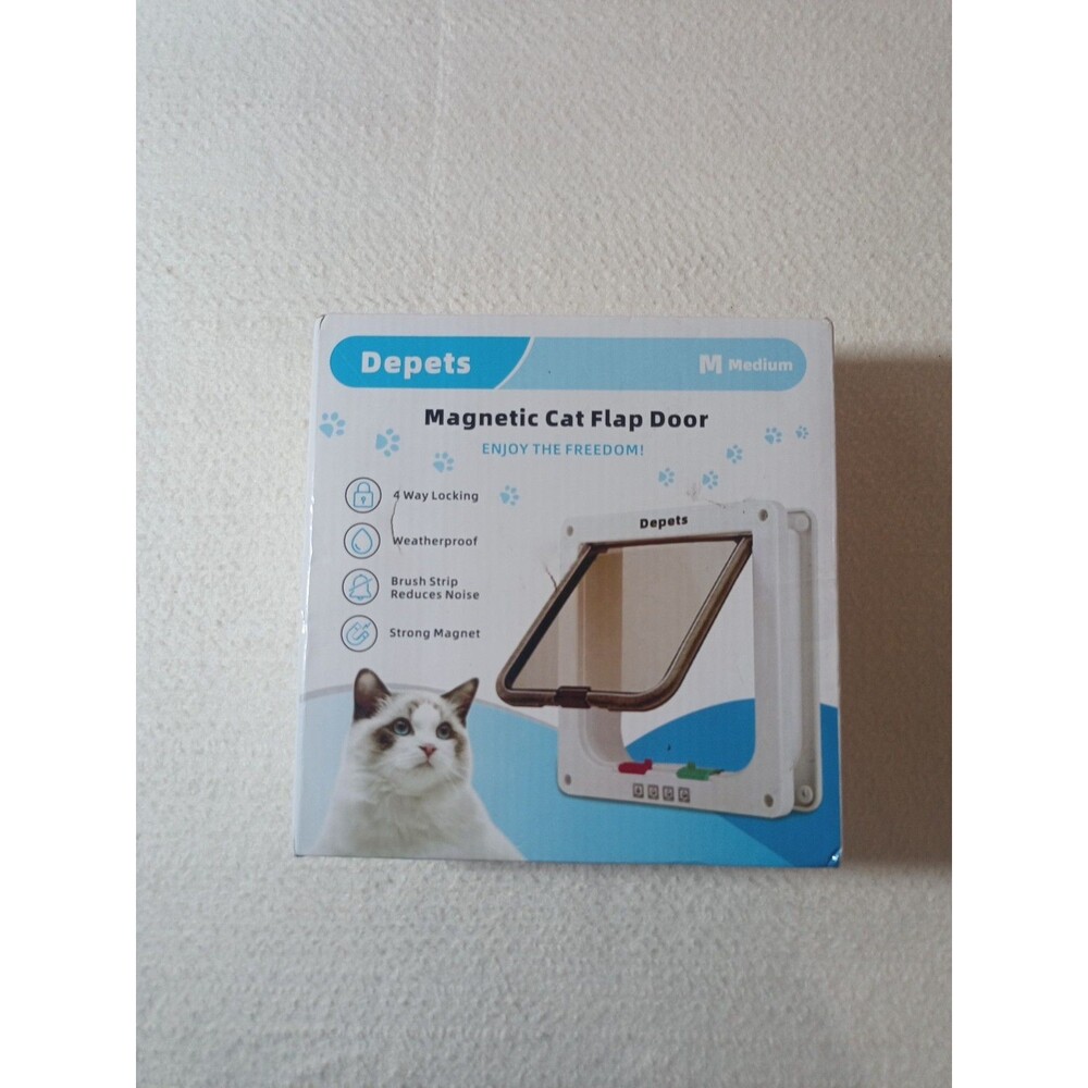 Depets Magnetic Cat Flap Door Medium White 4-Way Locking Weatherproof Pet Entry